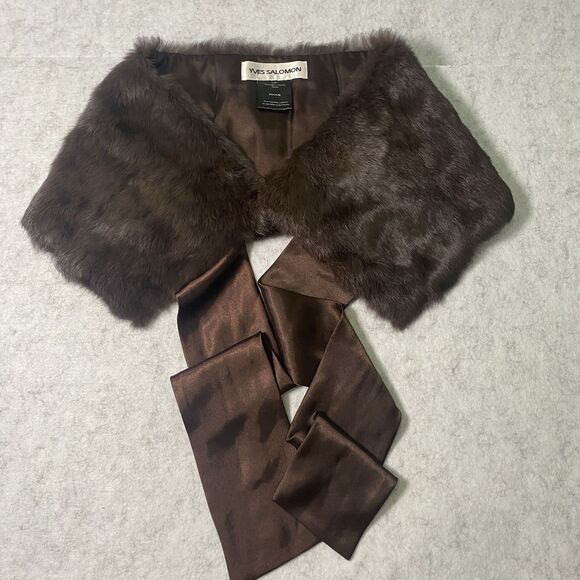 Yves Salomon Accessories Brown Women's Rabbit Fur Scarf Neck Warmer Shawl Tie - Picture 1 of 9